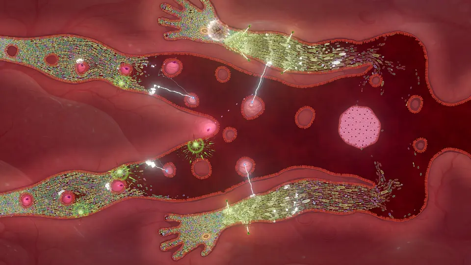 Branching blood vessels packed with pathogens while immune defenses fire arcs of lightning