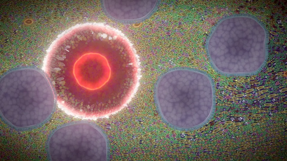 Close-up of a glowing red defensive pulse among dense swarms of pathogens